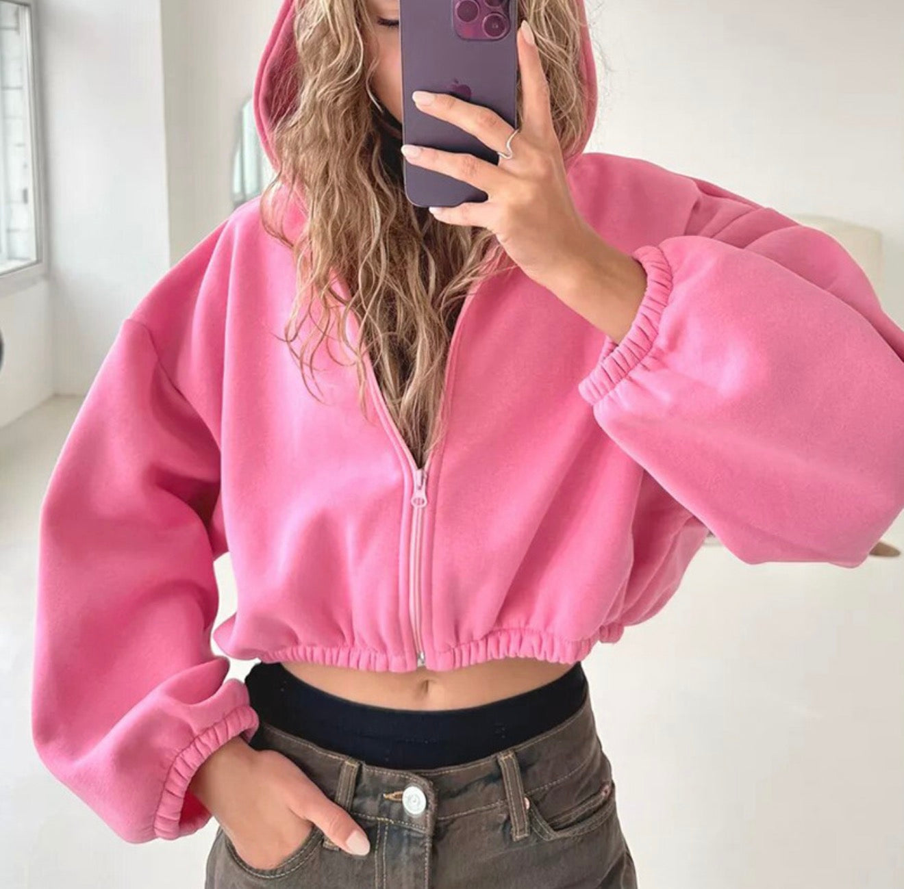 European And American Fashion Hoodie Short Jacket With Zipper