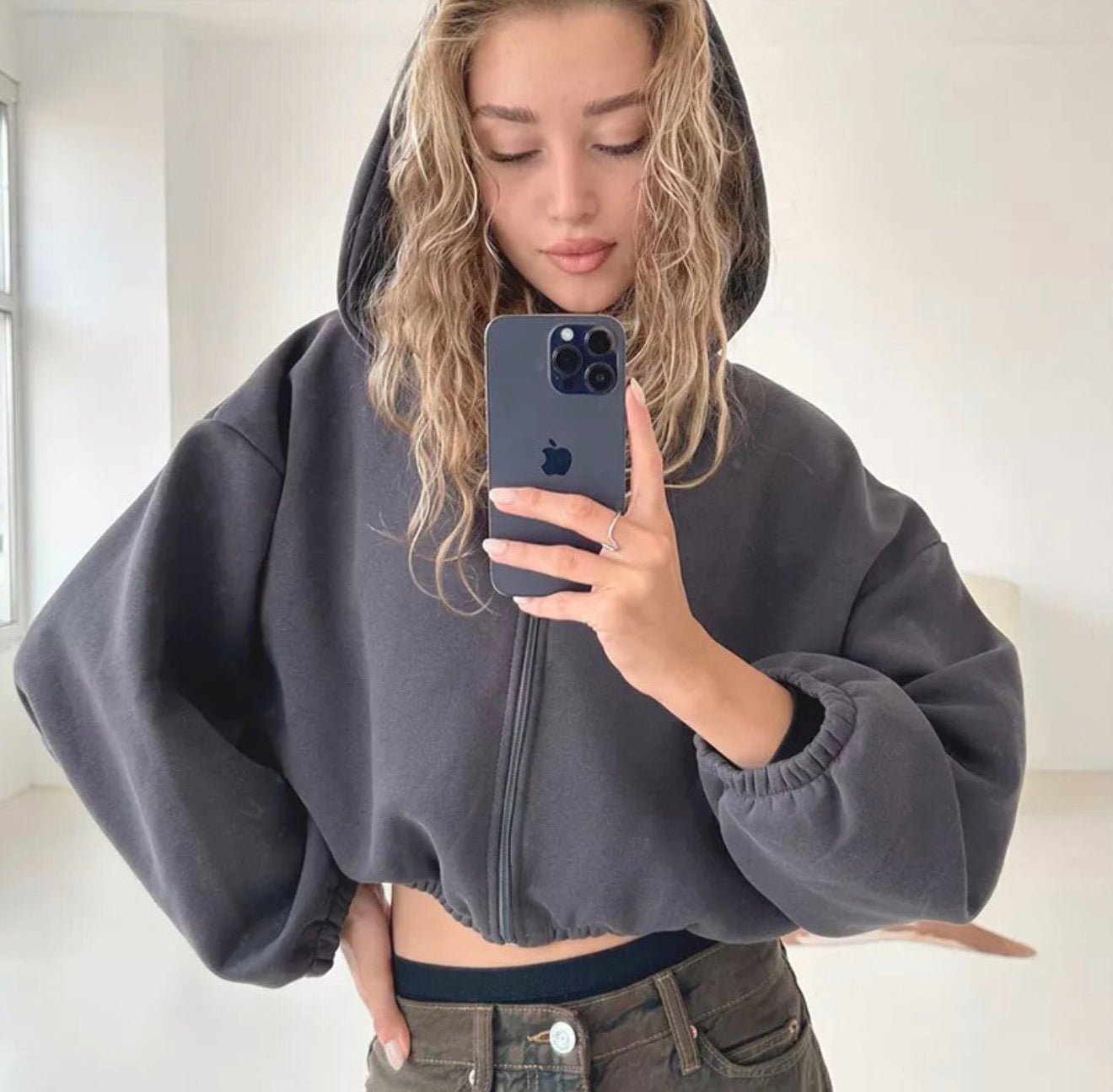 European And American Fashion Hoodie Short Jacket With Zipper